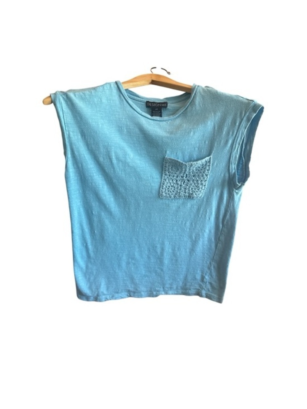 Design 365 Blue Crochet Knit Pocket Sleeveless 100% Cotton T-Shirt Top Coastal